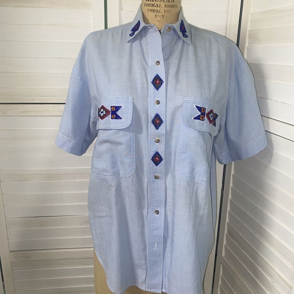 Women’s Western Southwest Shirt Beaded Embellished Button Up Size Medium